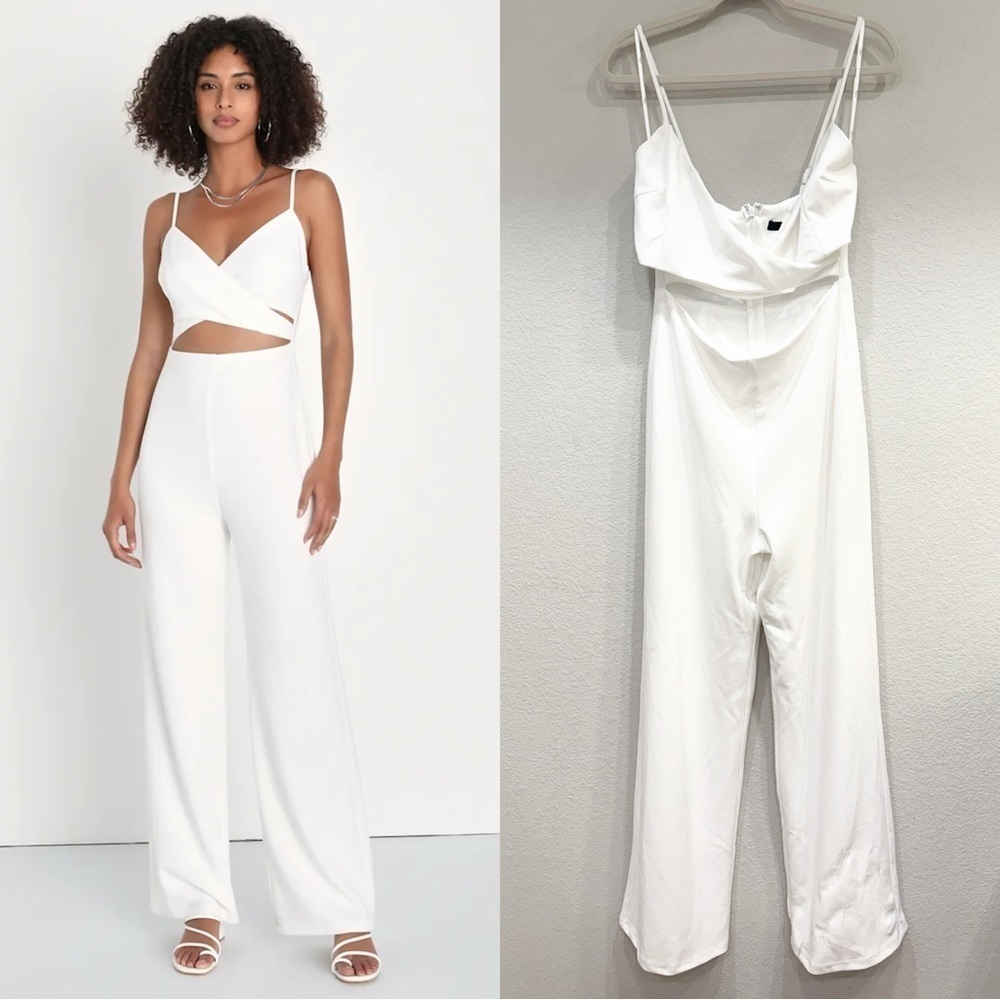 Size L - NWOT Lulus Going Out All Night‎ White Cutout Wide-Leg Jumpsuit